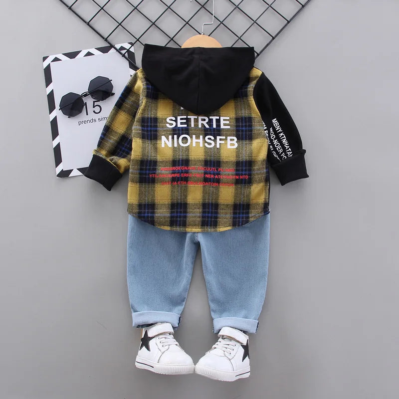 Baby Boy Clothes 0-5 Years Old Spring And Autumn Cotton Suit Boy Letter Plaid Hooded Shirt + Pants Baby Boy Two-Piece Suit