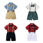 2PCS Baby Infant Boy Clothes Set Print Short  Sleeve with Bow+Shoulder Strap Pant Birthday for Kid 0-10 Years Gentleman Suit