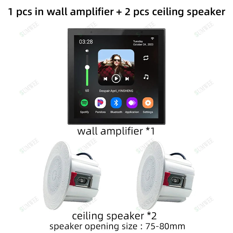 Smart Home Touch Screen 4inch WIFI Android11 bluetooths audio in Wall Amplifier Control Background Music Ceiling Speakers system