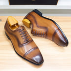 Elegant Men Oxford Shoes Brogue Genuine Leather Black Brown Classic Cap Toe Lace Up Formal Shoes Wedding Office Men Dress Shoes