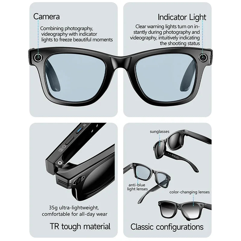 Smart AI Translation Smart Glasses Take Photos Recognizing Objects 4K Camera Bluetooth Music Call Intelligent Recording Glasses
