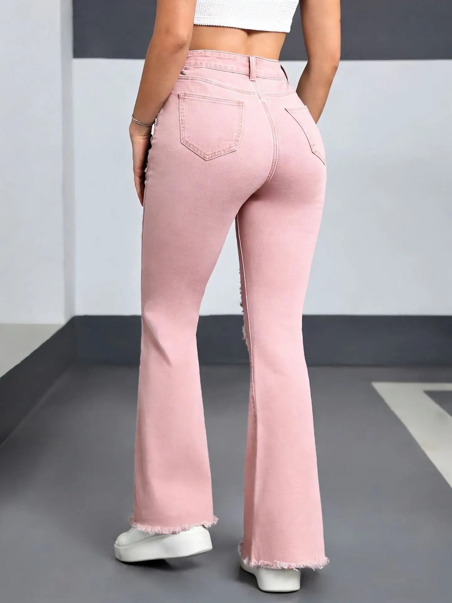 2026 Spring New Arrival Women's Pink Jeans, Blue Heart-Pattern Decorated Stretch Denim Trousers, Fashionable Flared Long Pants.