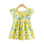 Vibrant Lemon Yellow Girl Short Sleeve Dress - Fresh Floral Pattern with Comfortable Cut