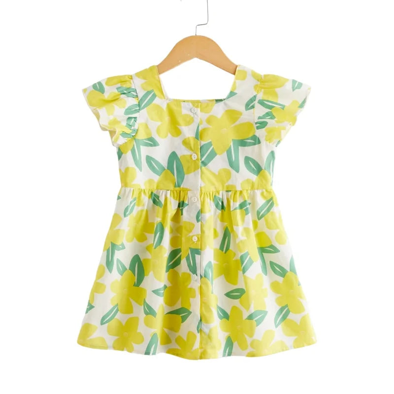 Vibrant Lemon Yellow Girl Short Sleeve Dress - Fresh Floral Pattern with Comfortable Cut
