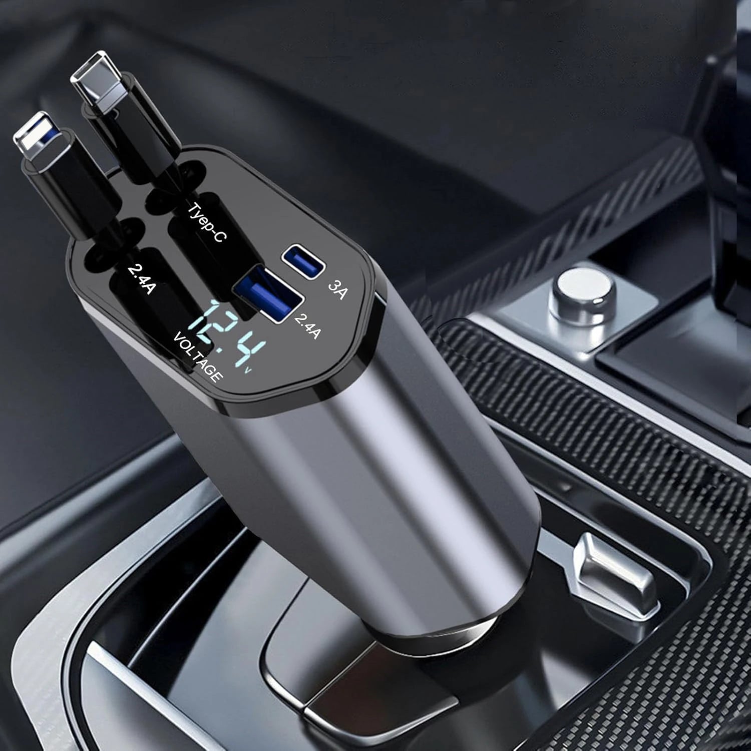 4-in-1 Retractable Car Phone Charger -Max 100W Quick Charge  and USB, Type-C Port for Phone 8-16 Series Android Smart Devices