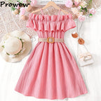 Prowow Girls Party Dresses With Belt 2pcs Trendy Ruffles Off Shoulder Dress For Girls Kids Clothes Teenagers Dresses Girls