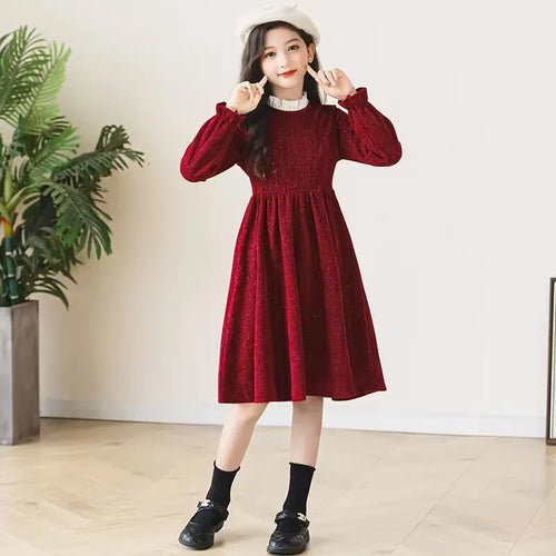 2026 winter spring Europe French Kids Baby girl clothes red long sleeve party princess Dress teenager new 4 8 9 10 14 12 year