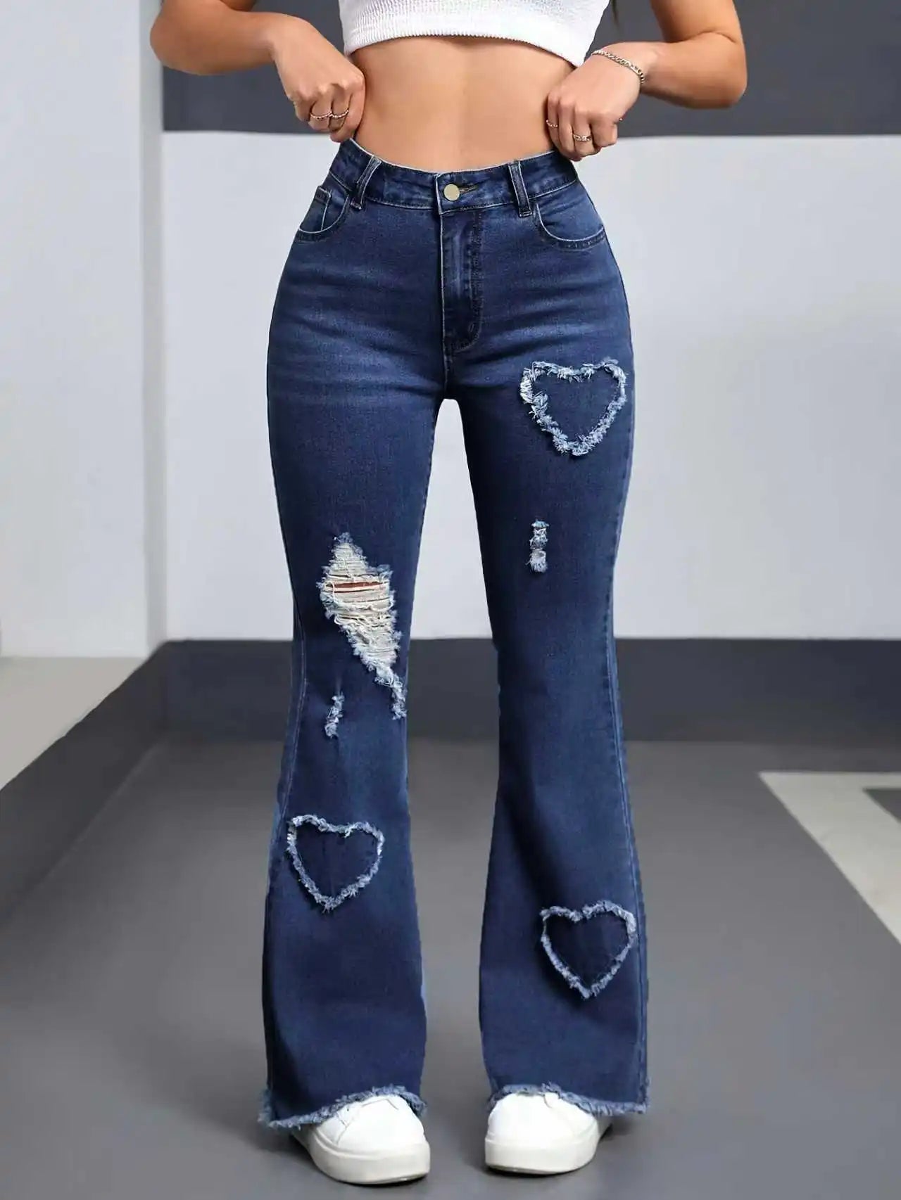 2026 Spring New Arrival Women's Pink Jeans, Blue Heart-Pattern Decorated Stretch Denim Trousers, Fashionable Flared Long Pants.