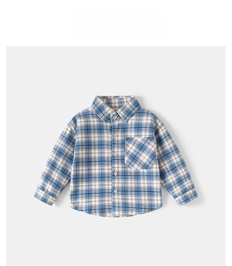 Spring Autumn Kids Plaid Long Sleeve Shirt Korean Style Boys Girls Loose Oversized Top Light Outerwear Casual Children Blouse