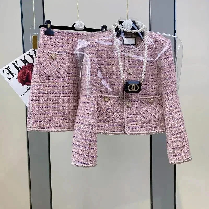 Women Tweed Jacquard Fragrant Suit Jacket Coat Top And Skirt Two Piece Set Elegant Chic Outfit Winter Workwear Party Clothing