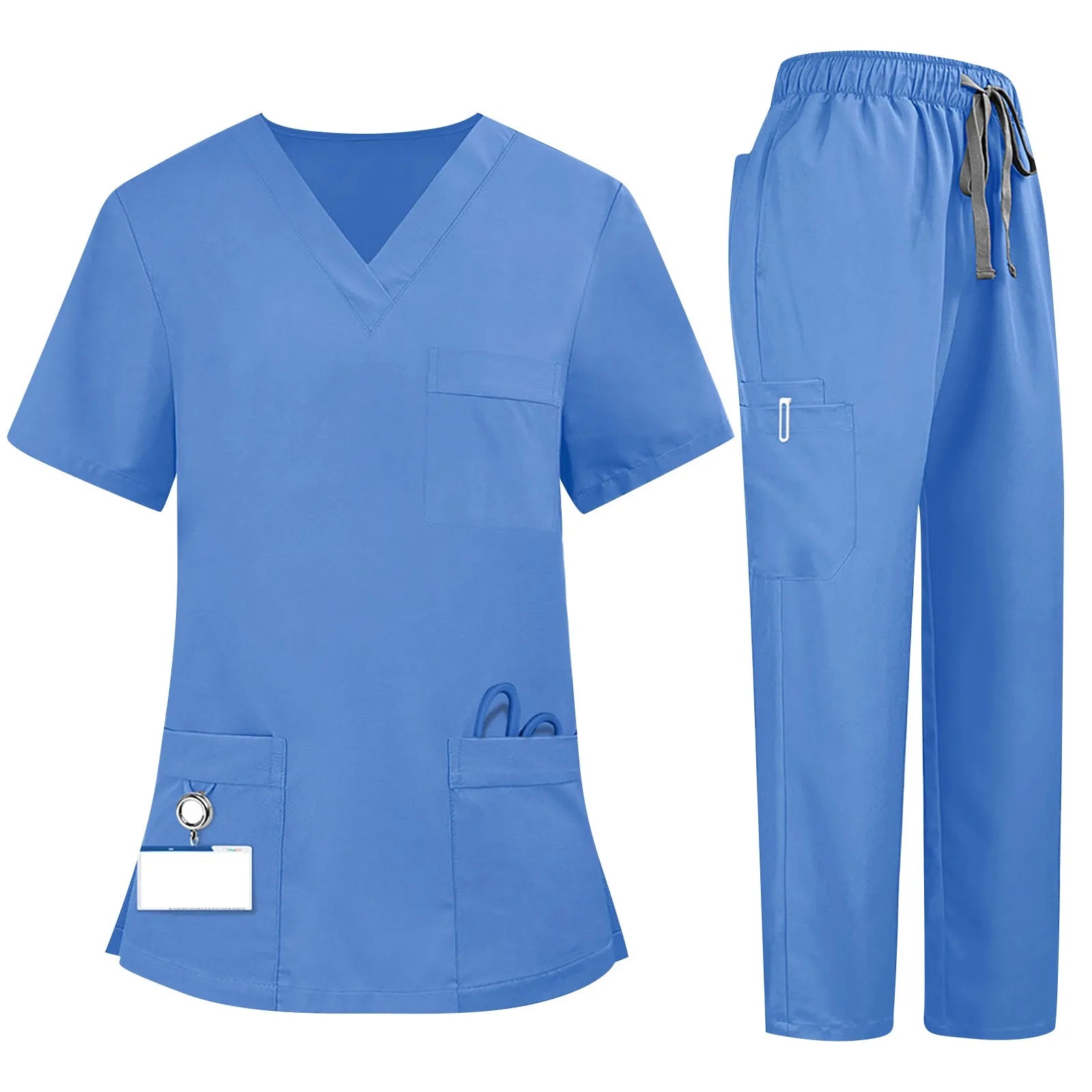 Plus Size Women'S Nurse Uniform Quick-Drying Fabric Solid Color V-Neck Pocket Short-Sleeved Trousers Suit Nursing Uniform Suit