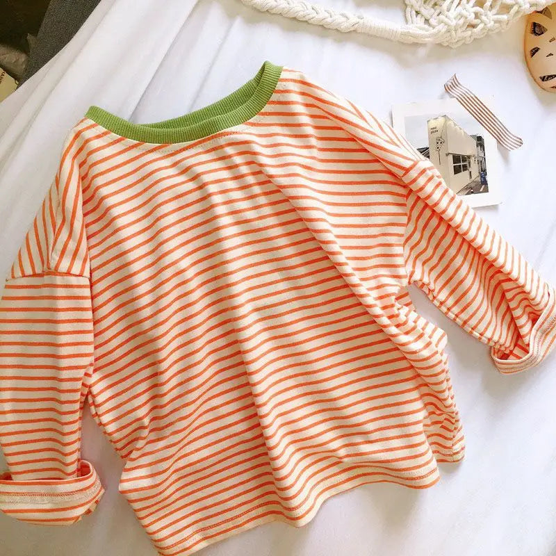 Boys and Girls T-shirt Long Sleeved Children's Base Shirt Spring and Autumn Pure Cotton Casual Versatile Striped Baby Top