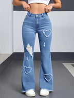 2026 Spring New Arrival Women's Pink Jeans, Blue Heart-Pattern Decorated Stretch Denim Trousers, Fashionable Flared Long Pants.