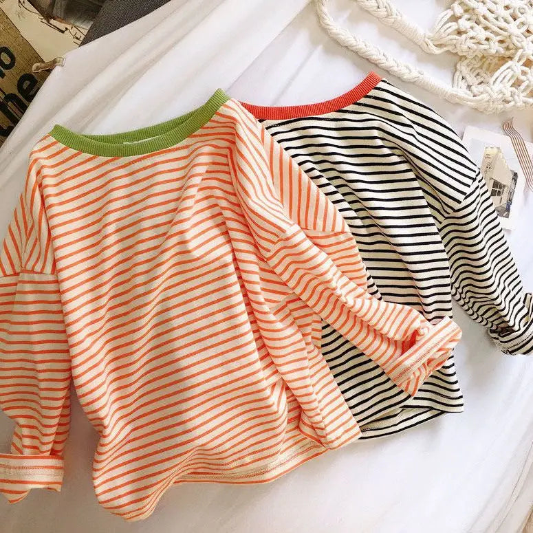 Boys and Girls T-shirt Long Sleeved Children's Base Shirt Spring and Autumn Pure Cotton Casual Versatile Striped Baby Top