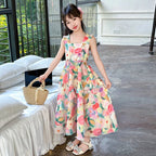 Girls Princess Dress Summer New Children's Puff Sleeve Long Dress Sweet Print Loose Kids Wear 6 8 10 12 14 Years Teens Clothes