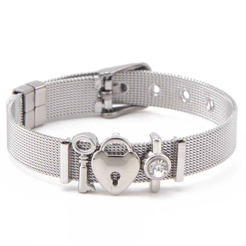 Fashion Stainless Steel For Woman Men Bracelet Mesh Bracelet Set Crystal Heart Anchor Charm Fine Bracelet Bangle Female Lover