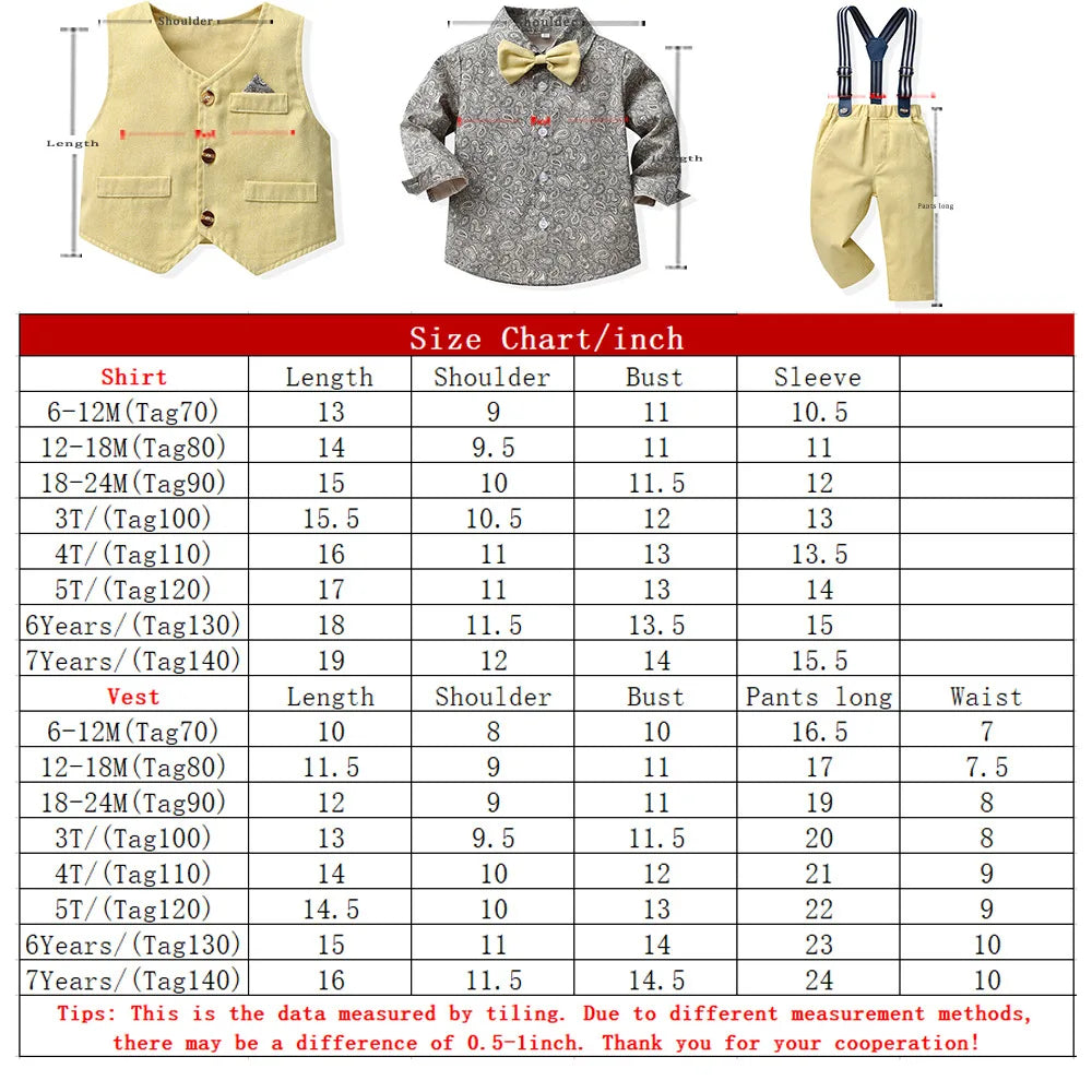 Children's Autumn Boy Suit 70-140cm Flower Shirt and Strap Pants with Vest and Bow Tie Handsome Suit Halloween Orange Color