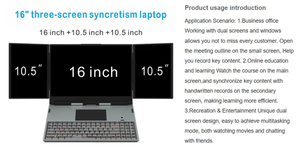 RAM 16G ROM 128G-1TB 16inch+10.5" +10.5" Three Screen Syncretism i5-1235U ultra Slim Aluminum Mechanical Backlit Keyboard LAPTOP