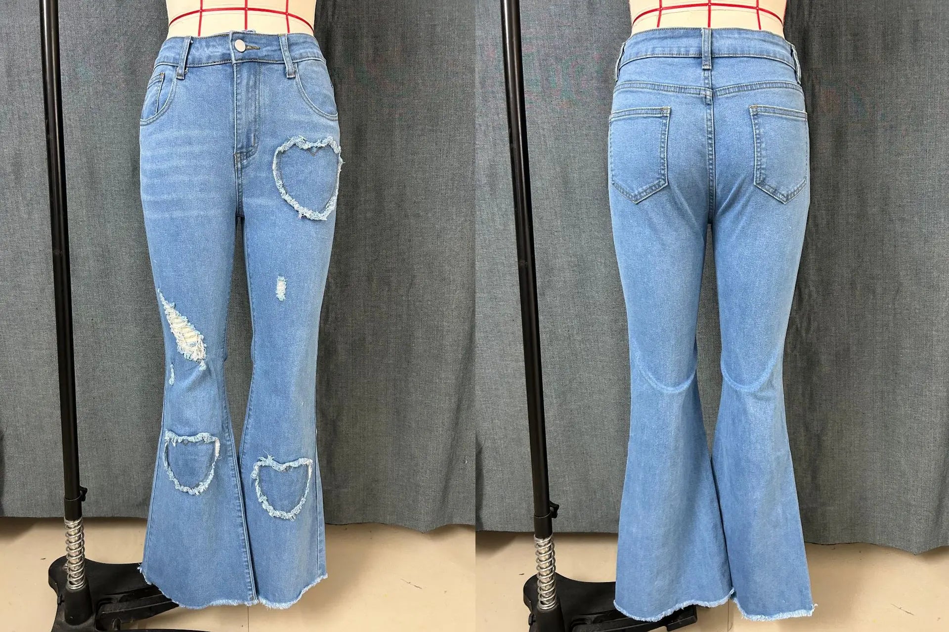 2026 Spring New Arrival Women's Pink Jeans, Blue Heart-Pattern Decorated Stretch Denim Trousers, Fashionable Flared Long Pants.