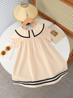 Summer Girl's Dress Solid Color Navy Collar Short-sleeved Fashion Casual Princess Dress Children Kids Clothing