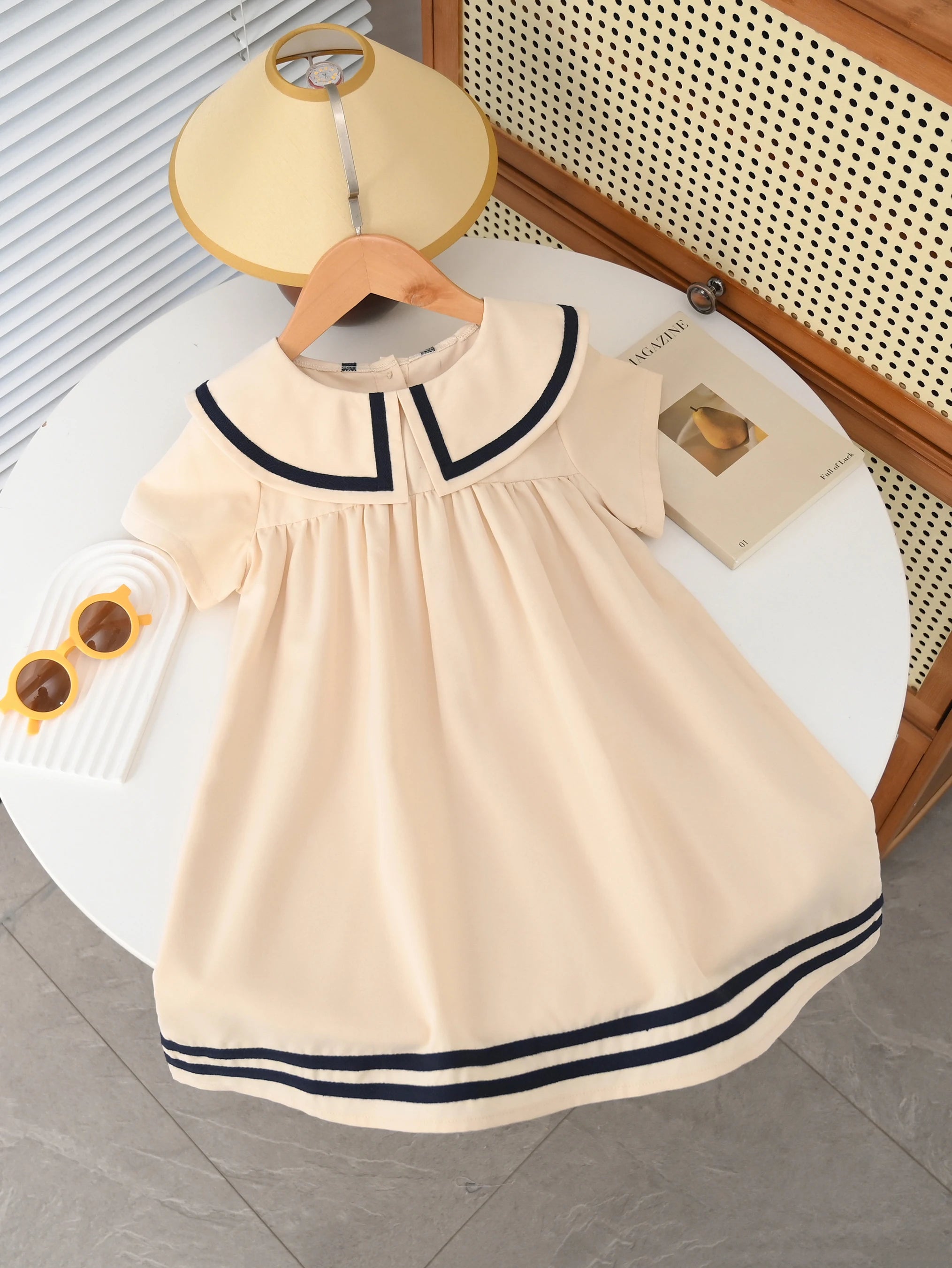 Summer Girl's Dress Solid Color Navy Collar Short-sleeved Fashion Casual Princess Dress Children Kids Clothing