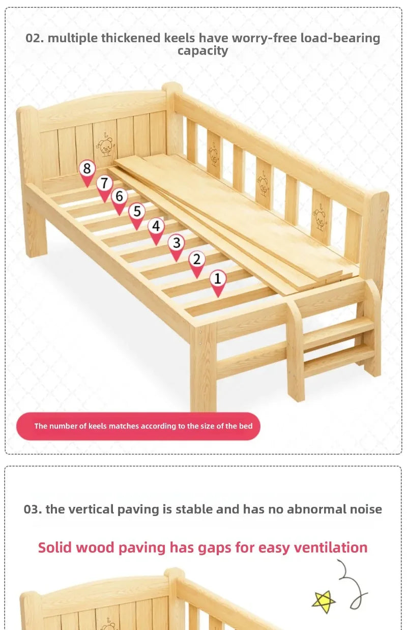 Solid Wood Children's Bed, Boy's Single Bed, with Guardrail, Girl's Princess Bed, Widened and Connected, Customizable
