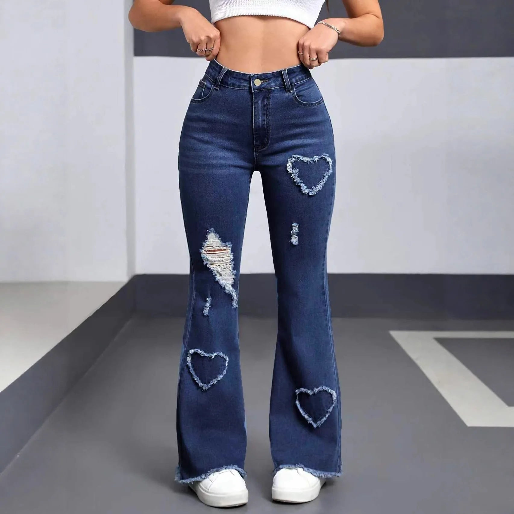 2026 Spring New Arrival Women's Pink Jeans, Blue Heart-Pattern Decorated Stretch Denim Trousers, Fashionable Flared Long Pants.