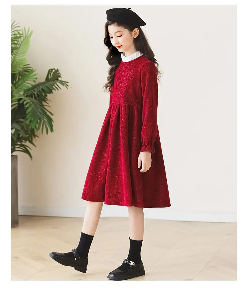 2026 winter spring Europe French Kids Baby girl clothes red long sleeve party princess Dress teenager new 4 8 9 10 14 12 year
