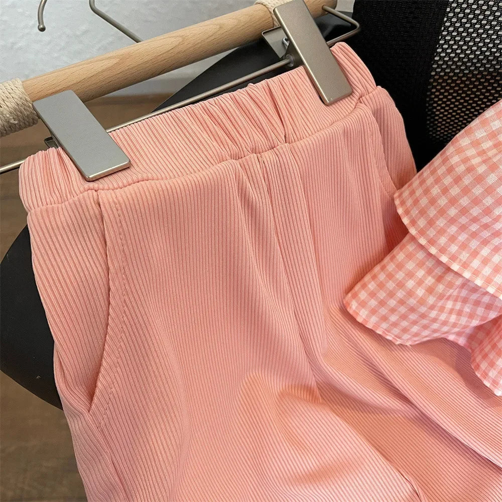 Kids Clothes for 3-7 Years Old Girls Set Baby Plaid Camisole Vest Top + Wide Leg Trousers Two-piece Summer Girls Loose Clothing