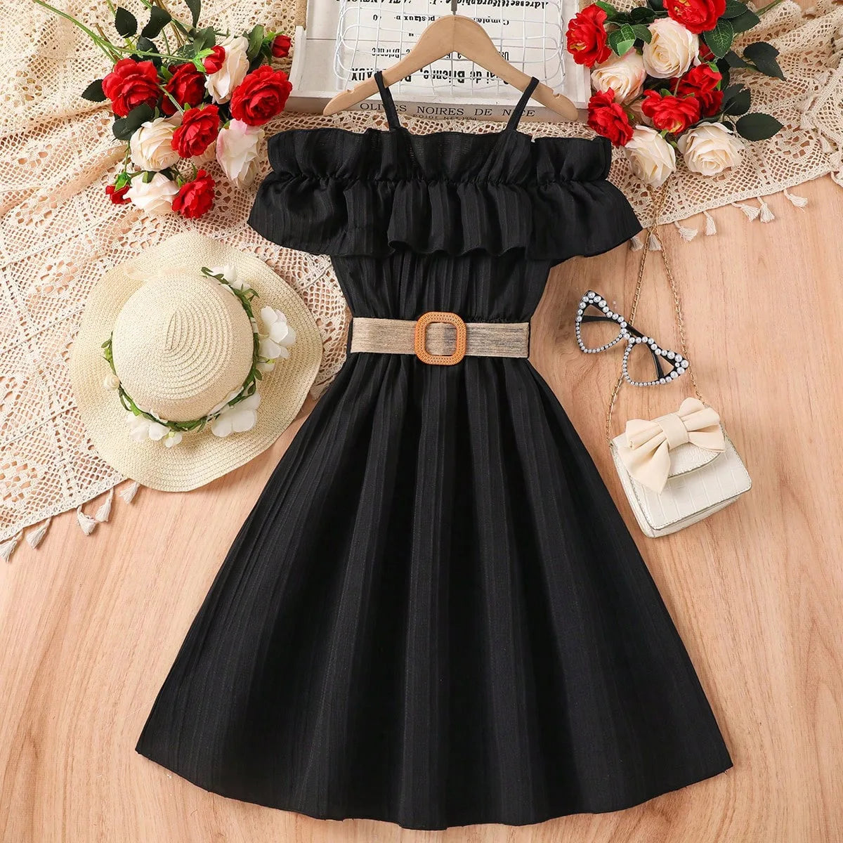 Prowow Girls Party Dresses With Belt 2pcs Trendy Ruffles Off Shoulder Dress For Girls Kids Clothes Teenagers Dresses Girls