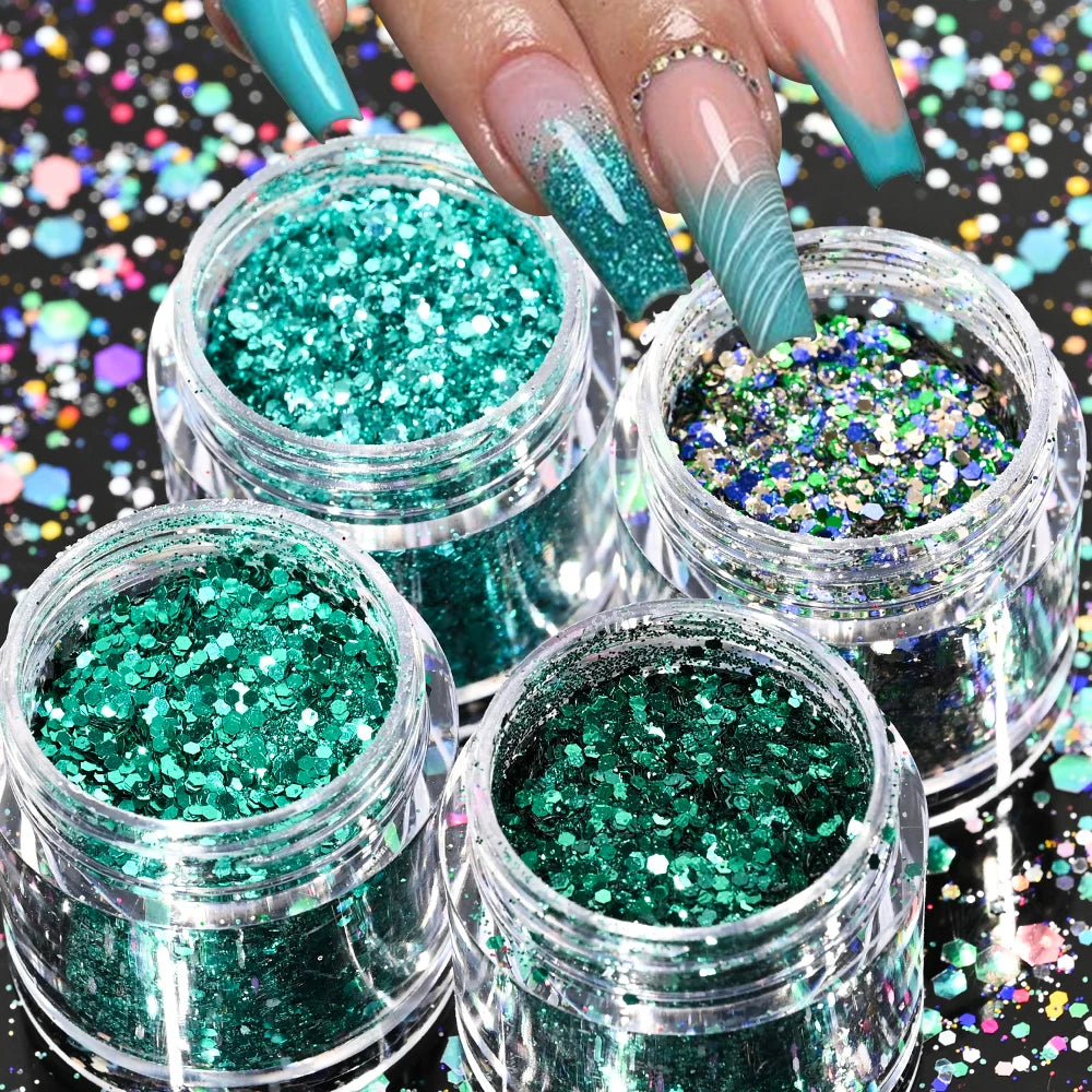Holographic Glitter set 4 different shines Nail Sequins 10 grams each jar Holographic Cosmetic Festival Chunky Glitters Sequins