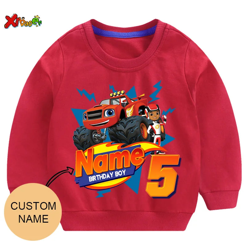 Children Clothes for Boys Sweatshirt Personalized Name Birthday Blaze Shirt Long T Shirt Girl Clothing Kids Toddler Fall Hoodie