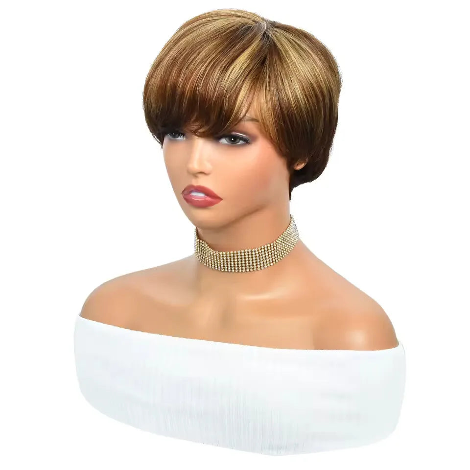 Highlight Wig Human Hair Short Pixie Cut Highlighted Human Hair Wigs for Women 4/27# Colored Machine Made Wigs  Layered Wavy Wig