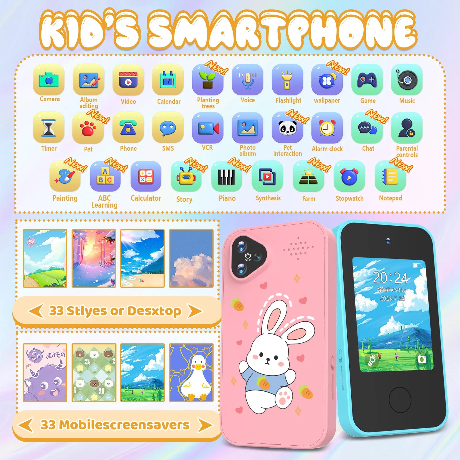 [Smart Phone] 2.8" Kids Smart Phone for Girls | Dual Camera| USB | 600mA battery| Game&Music&Alarm&Calculator，Kids Camera