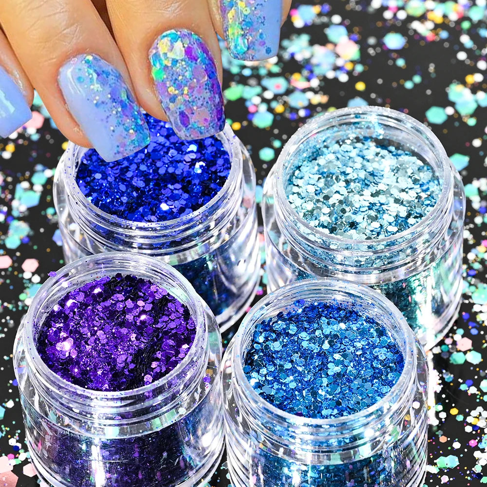 Holographic Glitter set 4 different shines Nail Sequins 10 grams each jar Holographic Cosmetic Festival Chunky Glitters Sequins