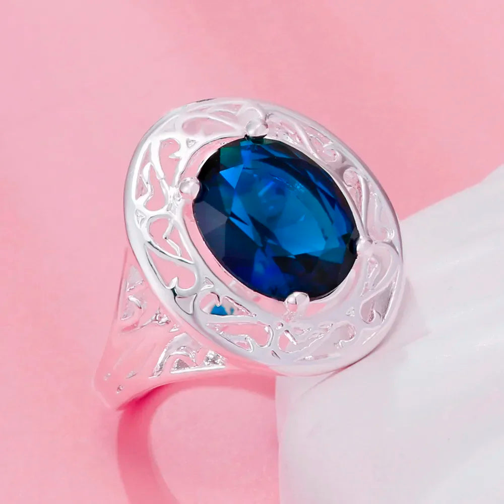 Hot sales 925 Sterling Silver creative Blue Crystal Oval Necklaces rings For Women Fashion streetwear Jewelry Set Wedding Gifts
