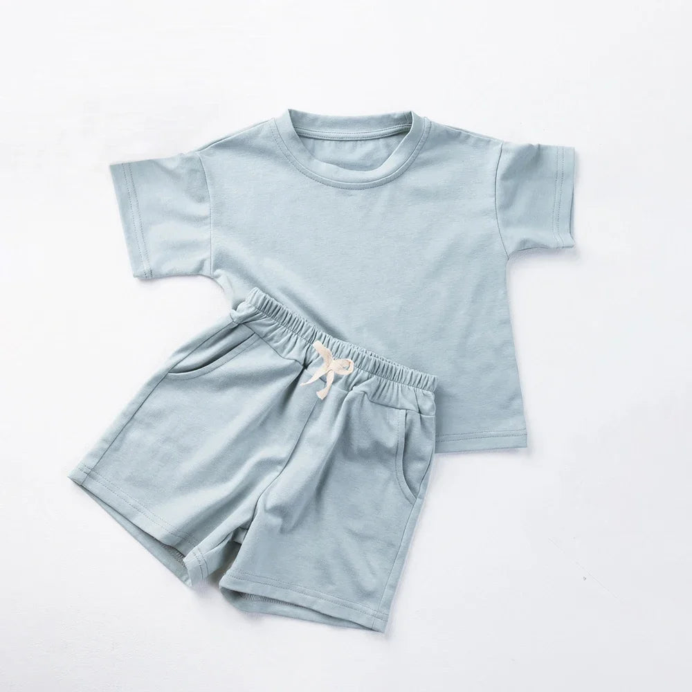 Toddler Boy Girl Casual Outfits Cotton Short Sleeves+Shorts 2pcs Clothes Sets Solid O-neck Baby Boy Clothes 1-6Y Children Suits