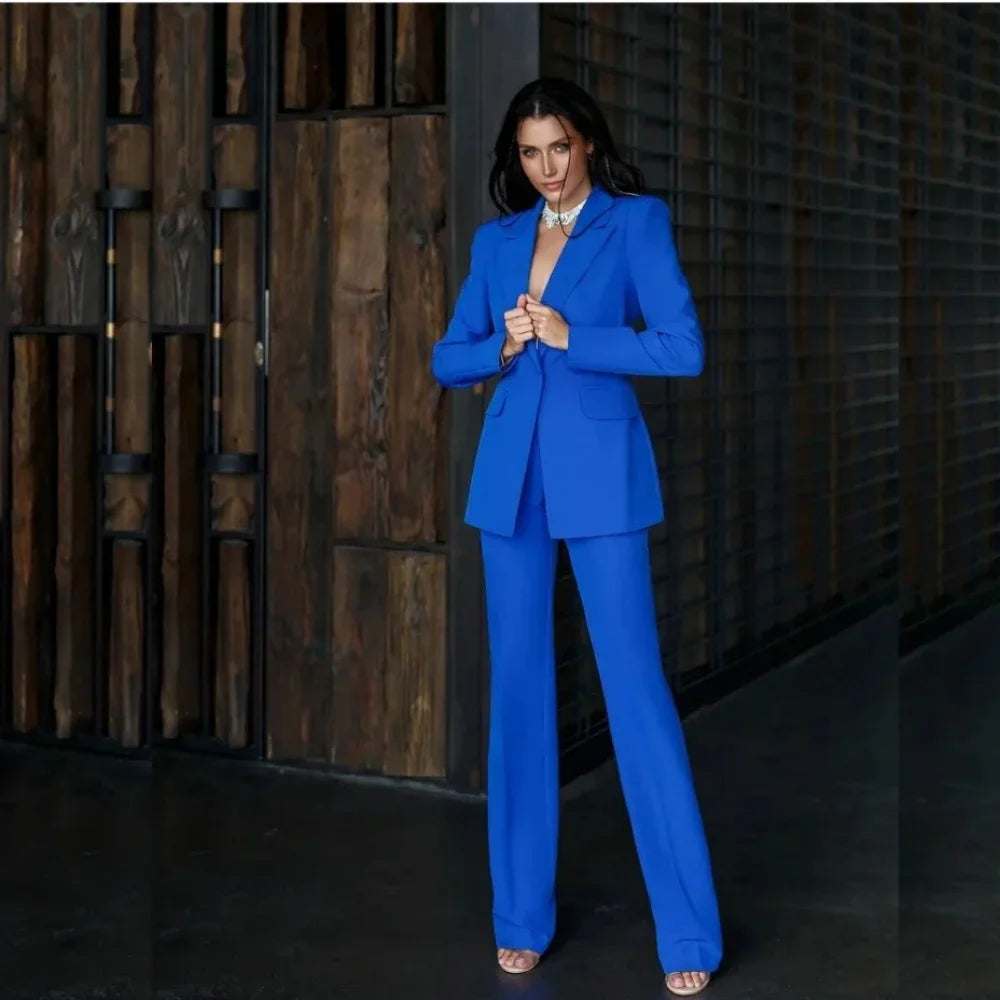 Women Suit 2 Pieces Royal blue Single Button Solid Slim For Wedding Business Work Office Daily Commute Casual Set Blazer+ Pant