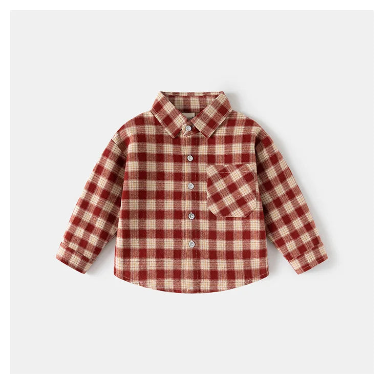 Spring Autumn Kids Plaid Long Sleeve Shirt Korean Style Boys Girls Loose Oversized Top Light Outerwear Casual Children Blouse