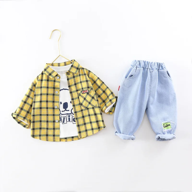 Baby Boy Clothes 0-5 Years Old Spring And Autumn Cotton Suit Boy Letter Plaid Hooded Shirt + Pants Baby Boy Two-Piece Suit