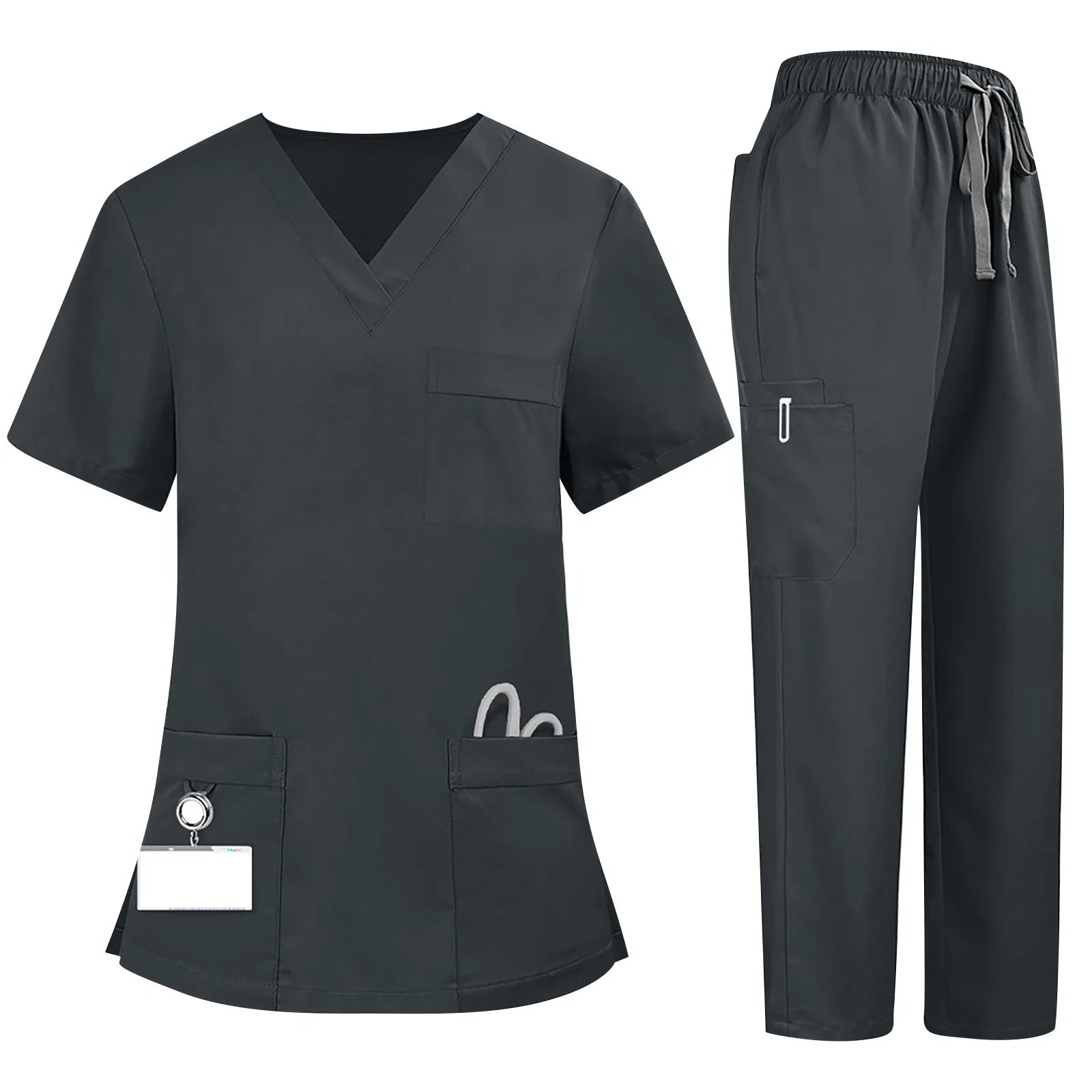 Plus Size Women'S Nurse Uniform Quick-Drying Fabric Solid Color V-Neck Pocket Short-Sleeved Trousers Suit Nursing Uniform Suit