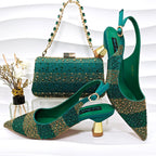 New Italian Design Stylish And Elegant Sky Blue Rhinestone Embellished Satin Pointy Toe Pumps And Clutch Bag