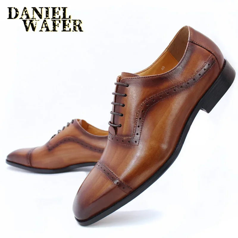 Elegant Men Oxford Shoes Brogue Genuine Leather Black Brown Classic Cap Toe Lace Up Formal Shoes Wedding Office Men Dress Shoes