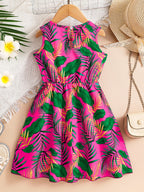 Trendy and Gorgeous Summer Dresses for Girls, Little Girls' Leaf-Printed Round-Neck Button-Back Sleeveless Dresses, Girls' Everyday Simple, Comfortable, Casual, Soft, Versatile, Youthful and Energetic Children's Clothing, Gir