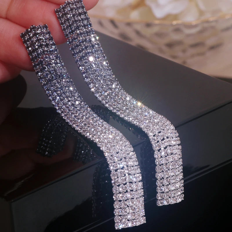 Fashion Geometric Square Crystal Earrings Ladies Exaggerated Long Earrings Wedding Jewelry Rhinestone Tassels Earrings for Women