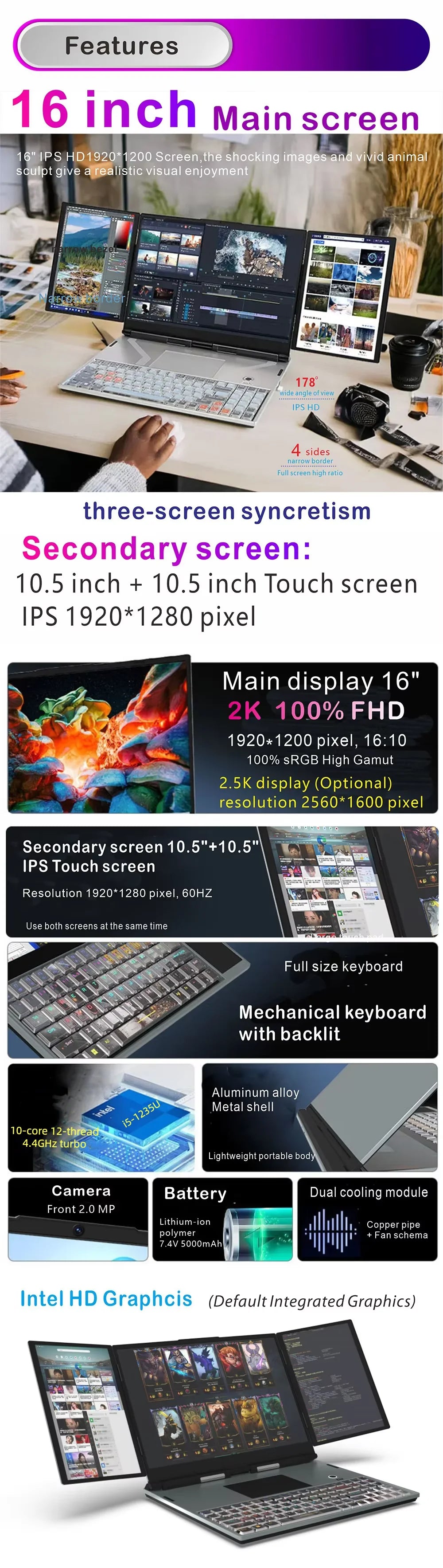 RAM 16G ROM 128G-1TB 16inch+10.5" +10.5" Three Screen Syncretism i5-1235U ultra Slim Aluminum Mechanical Backlit Keyboard LAPTOP