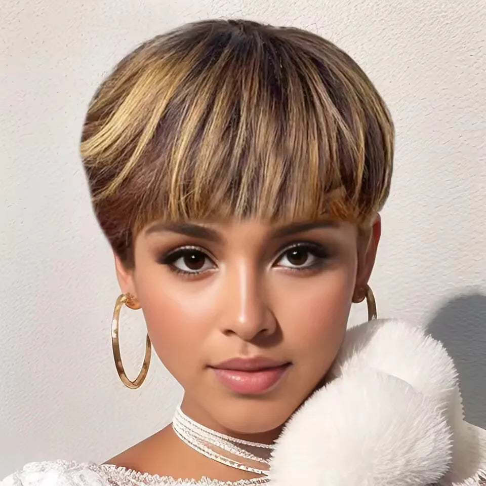 Highlight Wig Human Hair Short Pixie Cut Highlighted Human Hair Wigs for Women 4/27# Colored Machine Made Wigs  Layered Wavy Wig