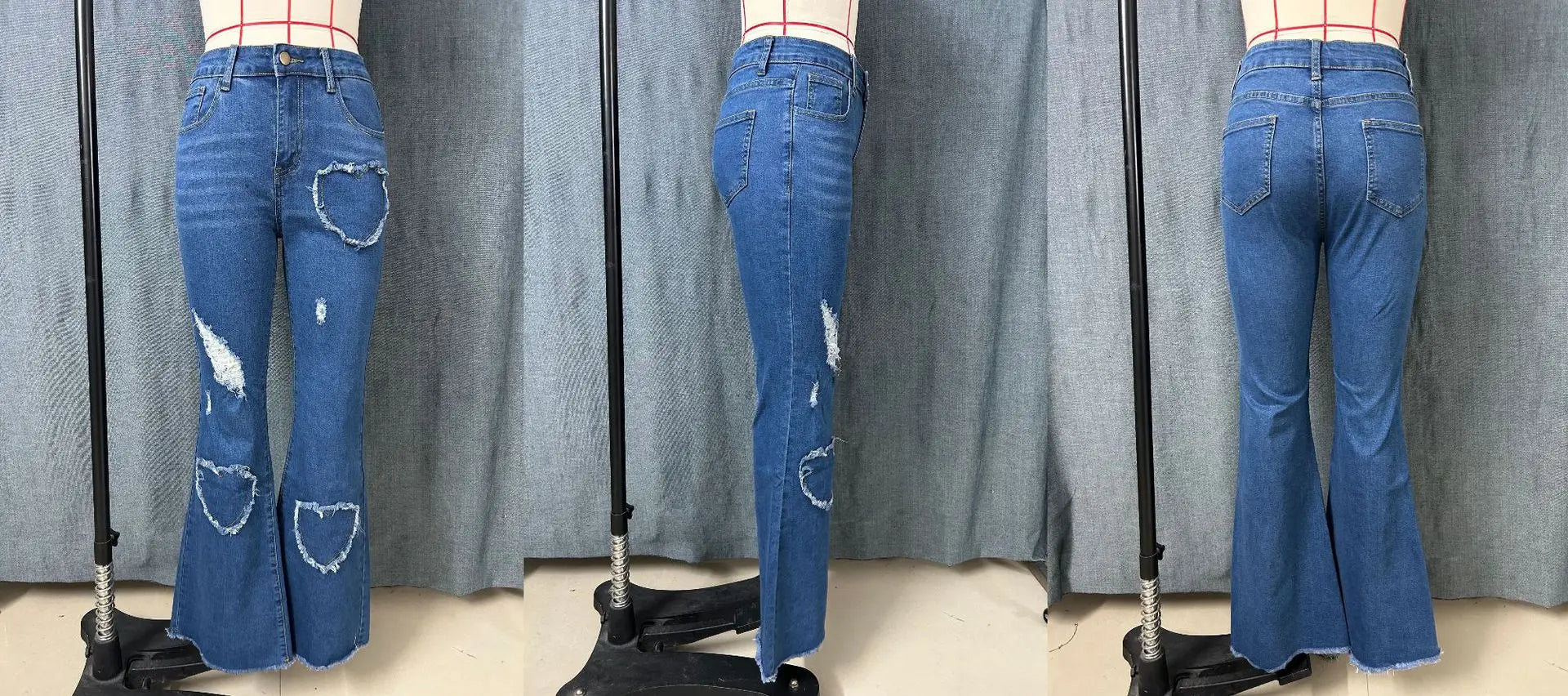 2026 Spring New Arrival Women's Pink Jeans, Blue Heart-Pattern Decorated Stretch Denim Trousers, Fashionable Flared Long Pants.