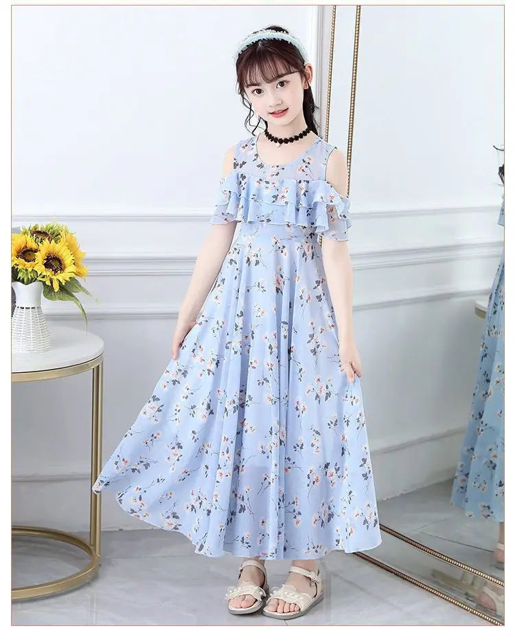 2025 fashion new Summer Teenager Girl Princess Kids Dresses Sleeveless Floral Vestidos Clothes mesh costume 6 8 9 10 12 14 Year