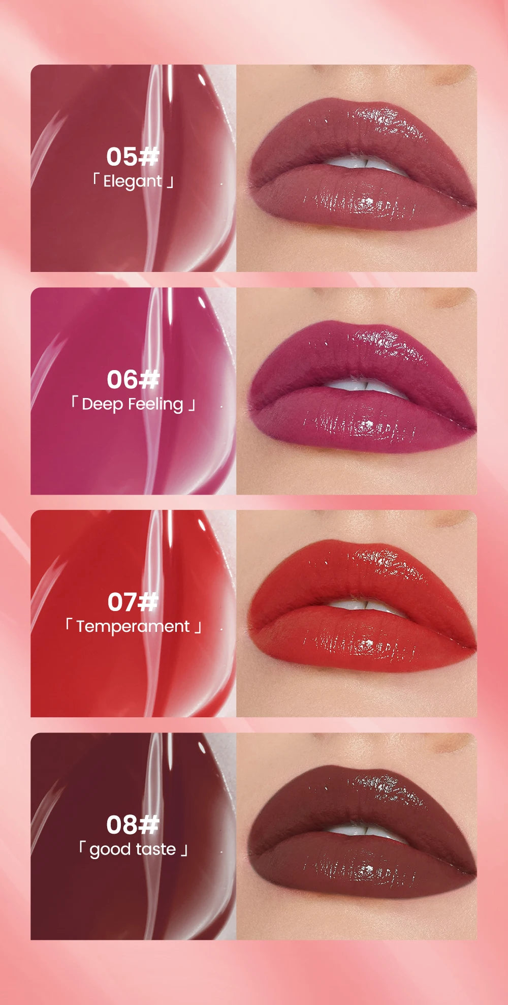 QIBEST 8 Color Watery Lip Gloss Waterproof Long Lasting Mirror Lip Glaze Moisturizing Liquid Lipstick Tint Women Makeup Cosmetic